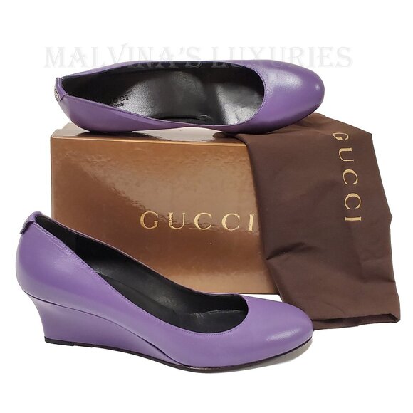 GUCCI SHOES PURPLE LEATHER LOGO SIGNATURE HARDWARE WEDGE IT 39.5 / US 9.5 - Picture 2 of 12